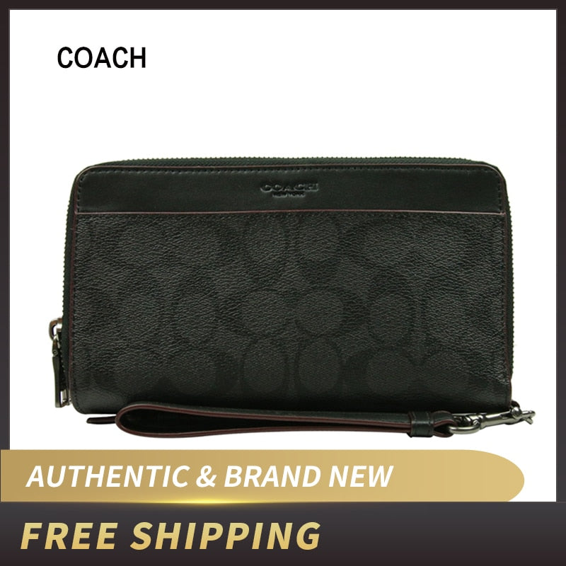 Coach Wallet Signature Black Double Zip Travel Organizer with Wrist Strap F67626