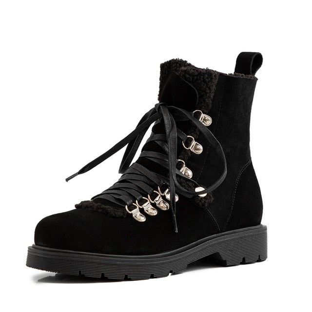 Meotina Real Leather Snow Boots Women Cow Suede Plush Flat Ankle Boots Lace Up Round Toe Shoes Lady Winter Big Size 33-42