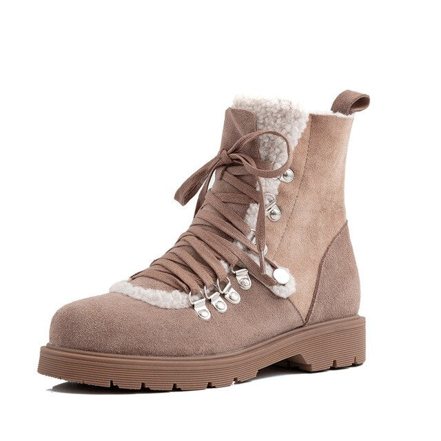 Meotina Real Leather Snow Boots Women Cow Suede Plush Flat Ankle Boots Lace Up Round Toe Shoes Lady Winter Big Size 33-42