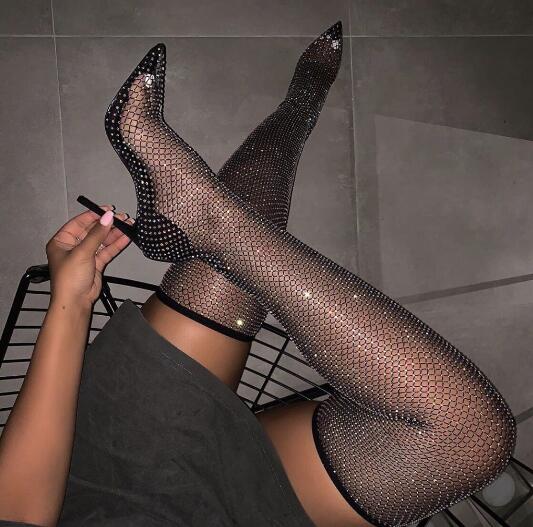 Women Black Bling Bling PVC Clear Sequins Diamond Fishnet Cut-Out Pointed Toe Heel-Strap Over The Knee Thigh Socks Boots