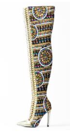 Cross Tied International Women Pink Palms Winter Shiny Sequined Cloth Over-the-Knee Thigh High Show Boots