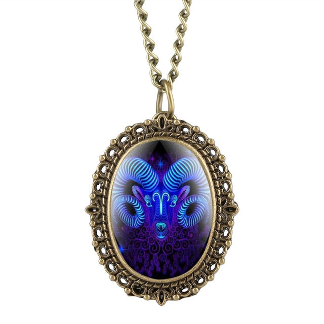 New 12 Constellation Astrology Oval Pocket Watch Unique Fluorescent Blue Zodiac Necklace Pendant Quartz