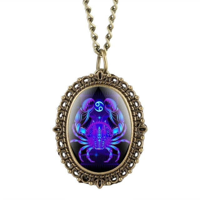 New 12 Constellation Astrology Oval Pocket Watch Unique Fluorescent Blue Zodiac Necklace Pendant Quartz