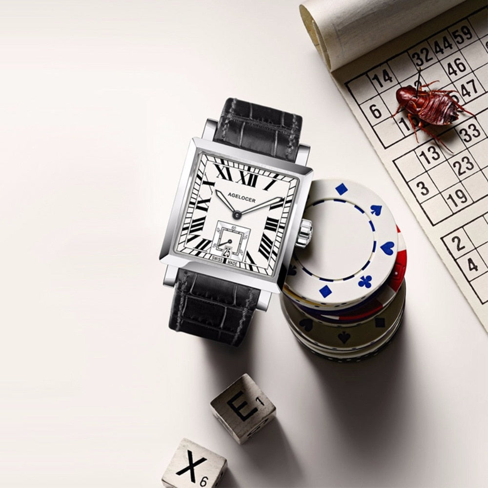 Agelocer Couple Watches for Men Women Square Quartz Watches Genuine Leather Band Waterproof Watches 3301-3401