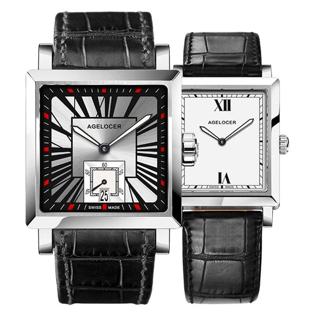 Agelocer Couple Watches for Men Women Square Quartz Watches Genuine Leather Band Waterproof Watches 3301-3401