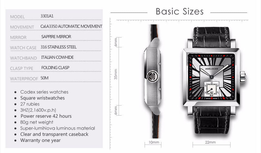 Agelocer Couple Watches for Men Women Square Quartz Watches Genuine Leather Band Waterproof Watches 3301-3401