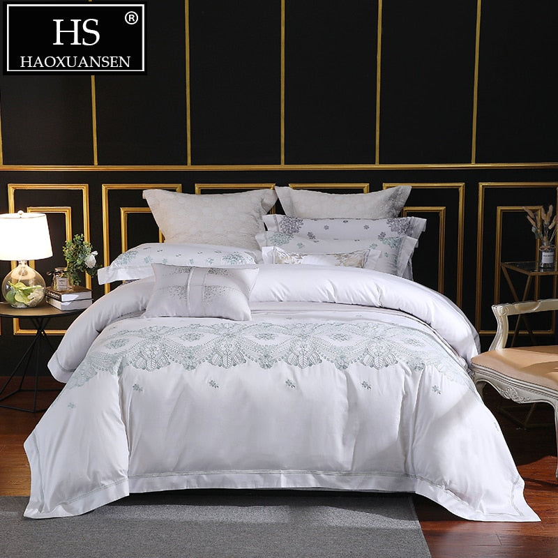 High-Quality 100% Pima Cotton White Embroidery Bedding Sets - Queen King Size 650 Thread Count Density Double 4pcs Quilt Cover Set