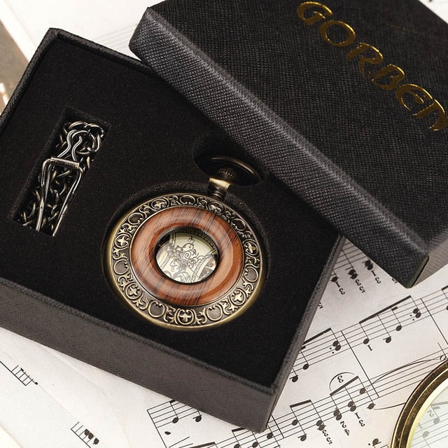 Solid Wood Mechanical Pocket Watch FOB Chain Locket Dial Hollow Steampunk Skeleton Men Women Mens Male Clock Watches Box Package
