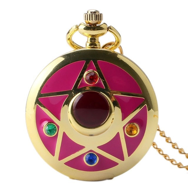 Japanese Anime Sailor Moon Quartz Pocket Watch Fashion Unique Necklace Pendant Chain Cosplay Gifts for Women Girls Lady