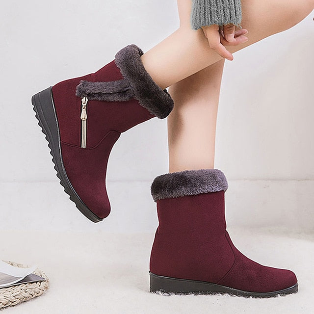 Casual Women Winter Solid Flat Plush Warm Snow Boots Zipper Platform Ankle