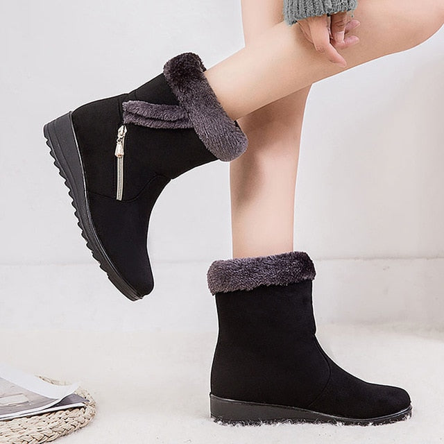 Casual Women Winter Solid Flat Plush Warm Snow Boots Zipper Platform Ankle