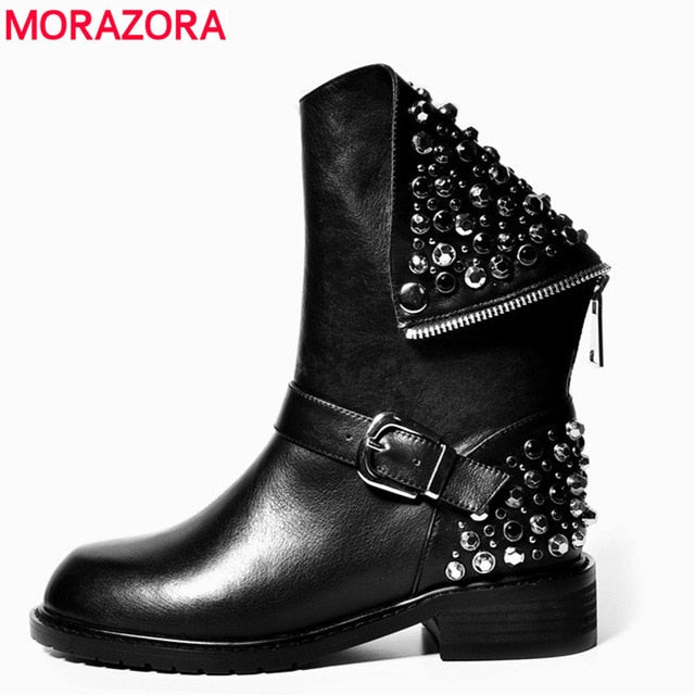 MORAZORA Plus Size 35-43 Genuine Leather Boots Women Rivets Autumn Winter Ankle Boots Punk Ladies Motorcycle Boots Shoes
