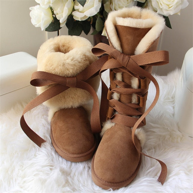 High Snow Boots Genuine Sheepskin Real Fur 100% Wool Women Winter Snow Boots New Brand Boots