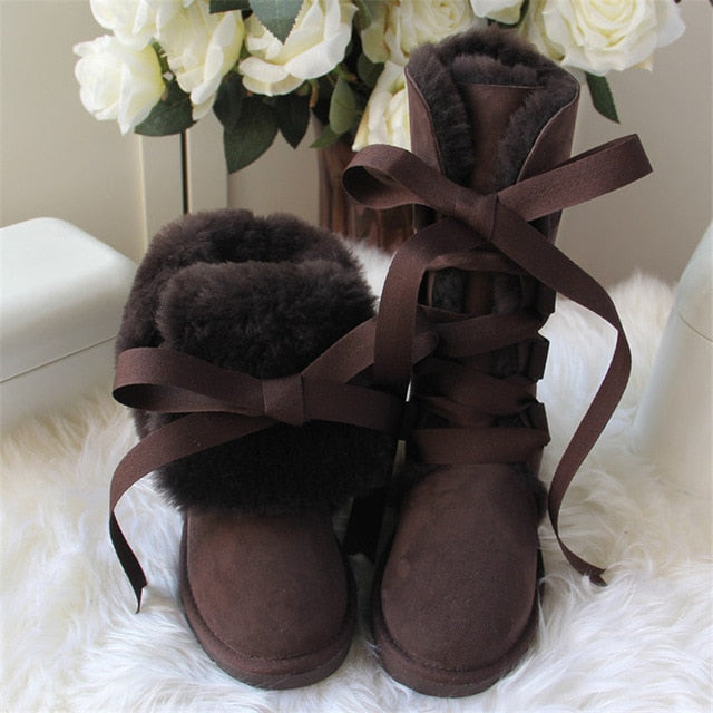 High Snow Boots Genuine Sheepskin Real Fur 100% Wool Women Winter Snow Boots New Brand Boots