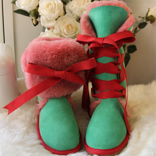 High Snow Boots Genuine Sheepskin Real Fur 100% Wool Women Winter Snow Boots New Brand Boots