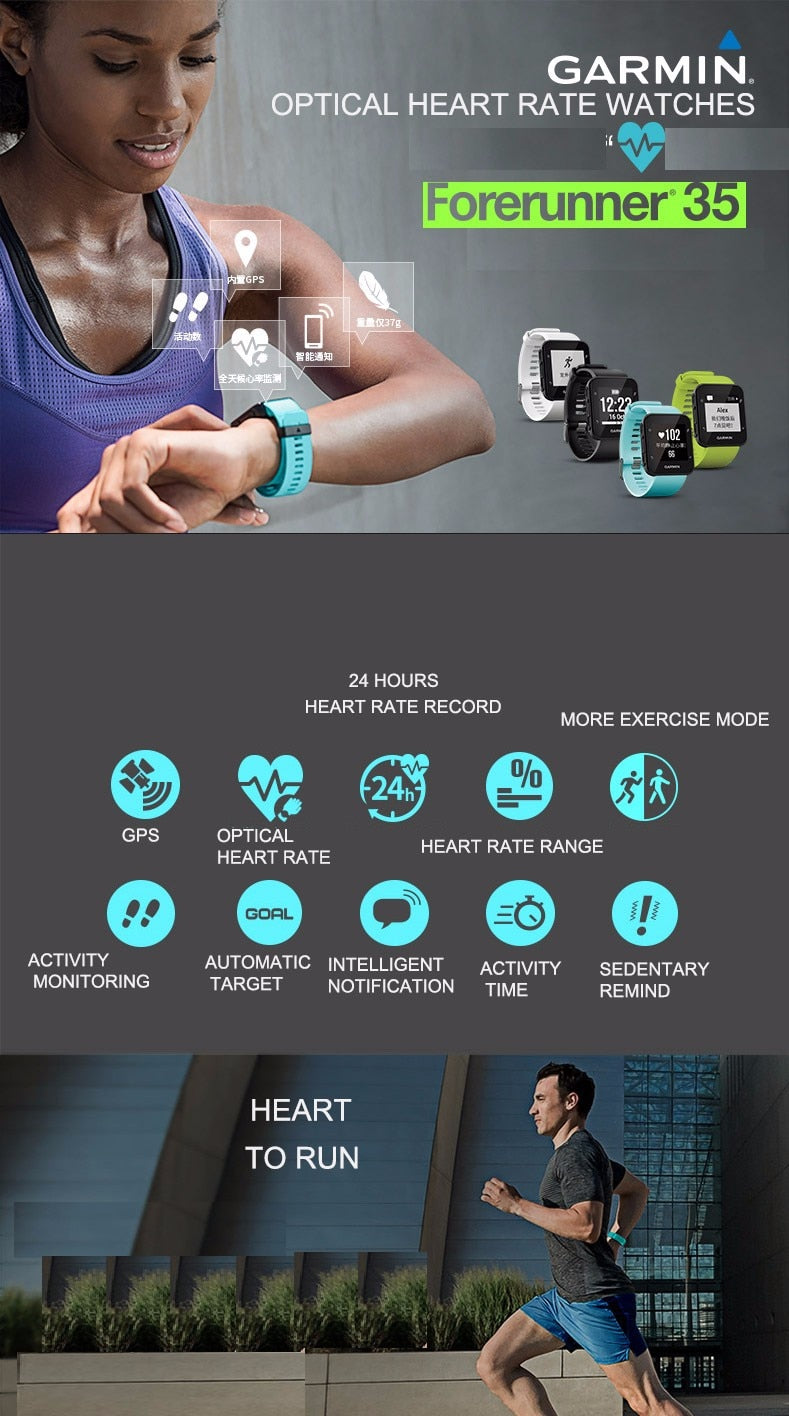 Original Garmin Forerunner 35 GPS Smart Sports Watch Heart Rate Fitness Tracker Waterproof Men PK z7 p68 q8