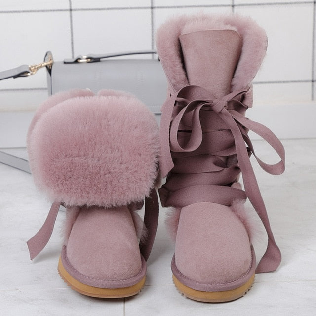 High Snow Boots Genuine Sheepskin Real Fur 100% Wool Women Winter Snow Boots New Brand Boots