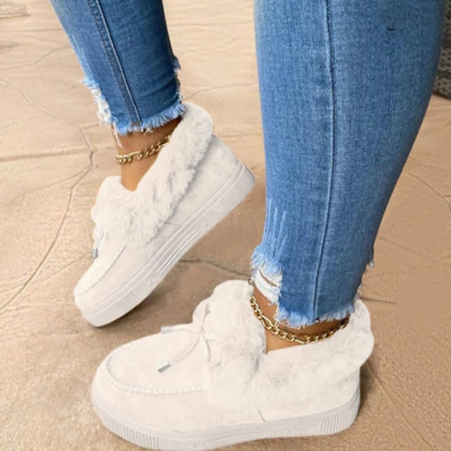 New Fashion Women Winter Cotton Shoes Plush Warm Snow Boots Casual Flat Short Boots Solid Color Furry Footwear