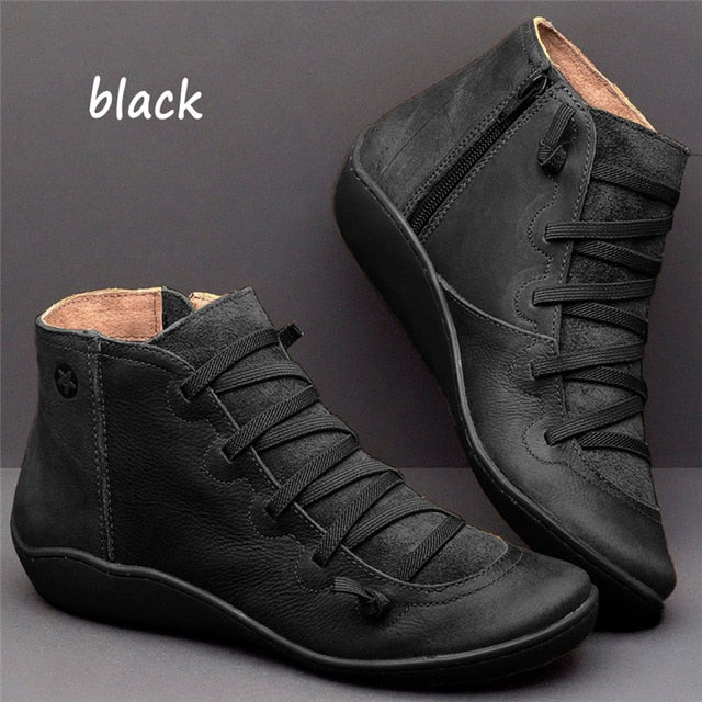 WEALTHY Women's PU Leather Ankle Boots Autumn Winter Cross Strappy Vintage Zipper Punk Flat Short Snow Lace-Up Shoes
