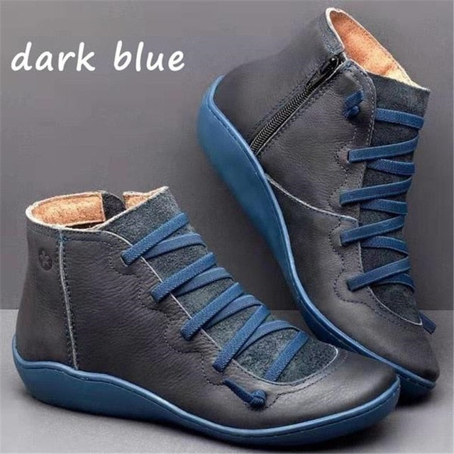 WEALTHY Women's PU Leather Ankle Boots Autumn Winter Cross Strappy Vintage Zipper Punk Flat Short Snow Lace-Up Shoes