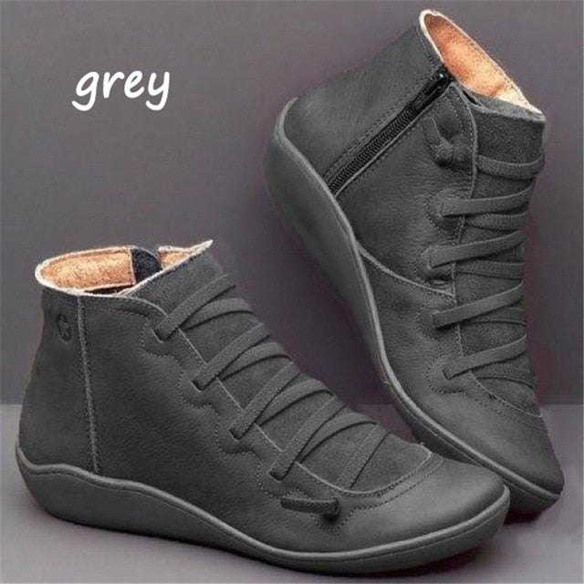 WEALTHY Women's PU Leather Ankle Boots Autumn Winter Cross Strappy Vintage Zipper Punk Flat Short Snow Lace-Up Shoes