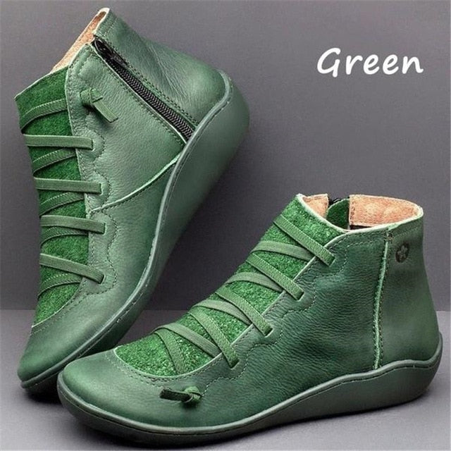 WEALTHY Women's PU Leather Ankle Boots Autumn Winter Cross Strappy Vintage Zipper Punk Flat Short Snow Lace-Up Shoes