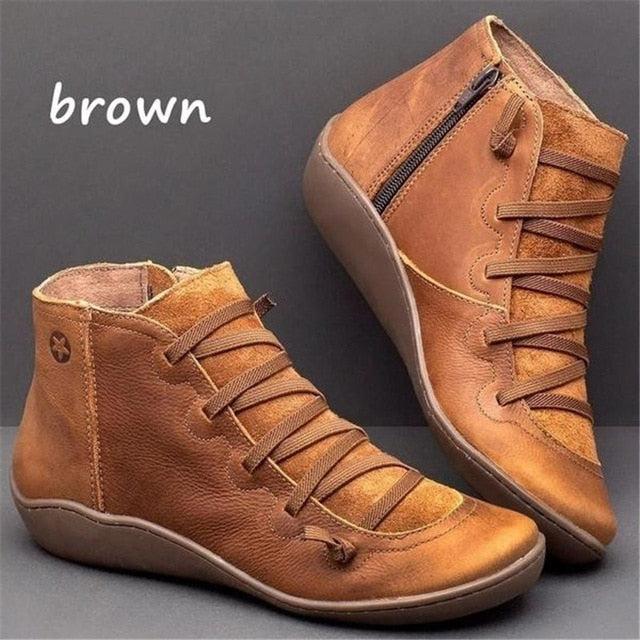 WEALTHY Women's PU Leather Ankle Boots Autumn Winter Cross Strappy Vintage Zipper Punk Flat Short Snow Lace-Up Shoes