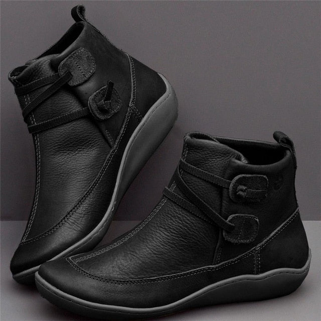 WEALTHY Women's PU Leather Ankle Boots Autumn Winter Cross Strappy Vintage Zipper Punk Flat Short Snow Lace-Up Shoes