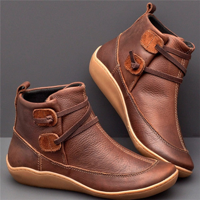 WEALTHY Women's PU Leather Ankle Boots Autumn Winter Cross Strappy Vintage Zipper Punk Flat Short Snow Lace-Up Shoes