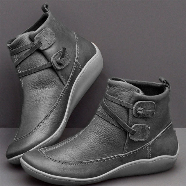 WEALTHY Women's PU Leather Ankle Boots Autumn Winter Cross Strappy Vintage Zipper Punk Flat Short Snow Lace-Up Shoes