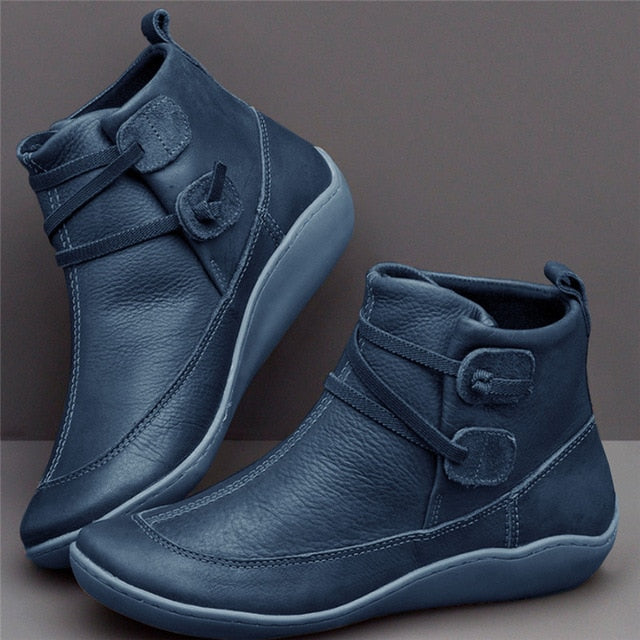 WEALTHY Women's PU Leather Ankle Boots Autumn Winter Cross Strappy Vintage Zipper Punk Flat Short Snow Lace-Up Shoes
