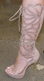 Women Charming Design Open Toe Lace-up Rhinestone Knee High Gladiator Stiletto Heel Sandal Dress Boots
