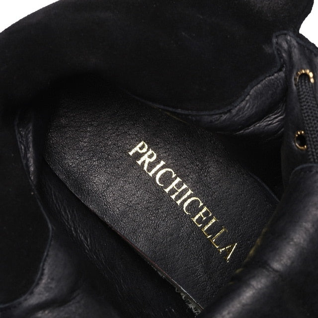 PRICHICELLA Silver Chained Lace-Up Wedge Ankle Boots Genuine Leather Winter Boots for Women