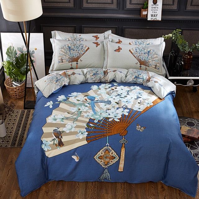 Luxury Classical Chinese Style Bedding Set 4pcs 100% Pima Cotton Blue and White Porcelain Duvet Cover Bed Sheet 2 Pillowcase