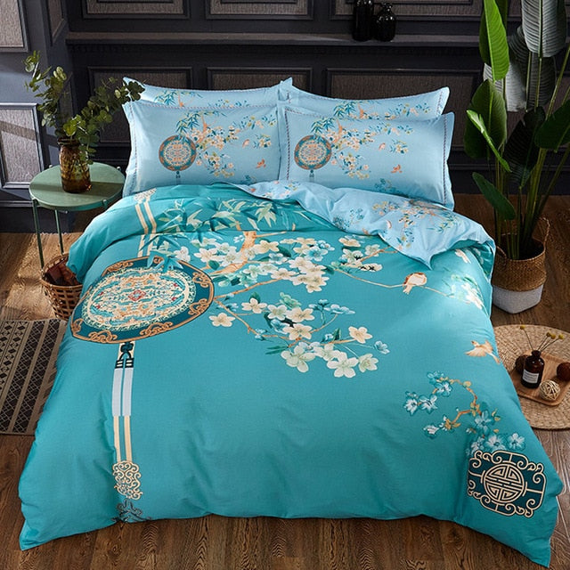 Luxury Classical Chinese Style Bedding Set 4pcs 100% Pima Cotton Blue and White Porcelain Duvet Cover Bed Sheet 2 Pillowcase