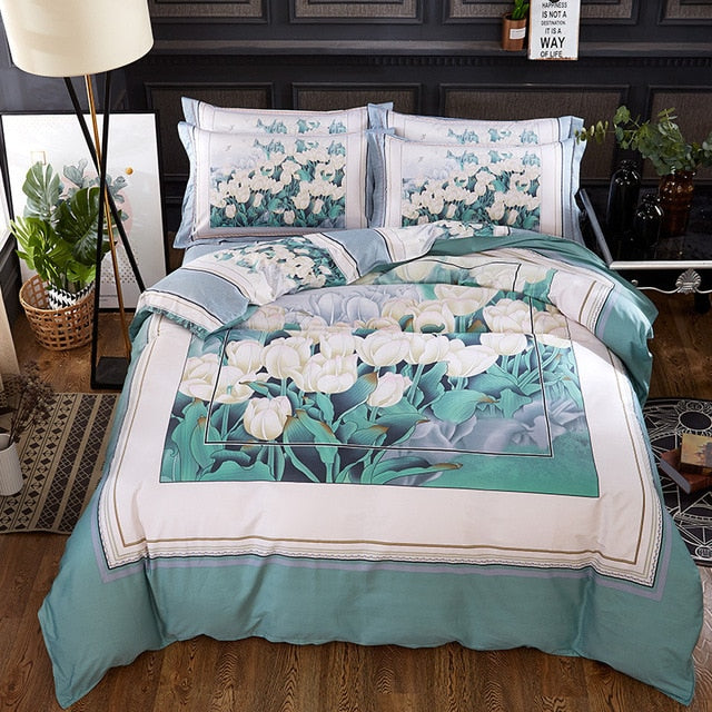 Luxury Classical Chinese Style Bedding Set 4pcs 100% Pima Cotton Blue and White Porcelain Duvet Cover Bed Sheet 2 Pillowcase