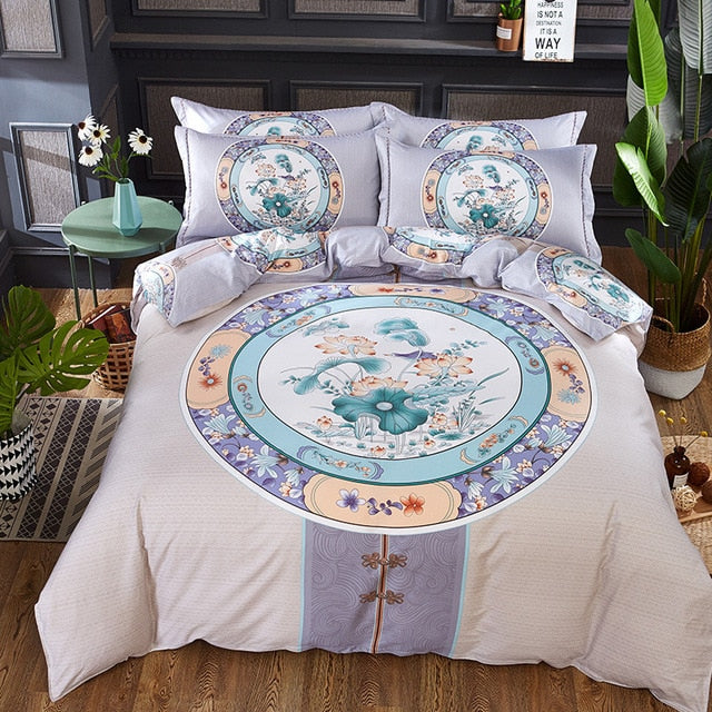 Luxury Classical Chinese Style Bedding Set 4pcs 100% Pima Cotton Blue and White Porcelain Duvet Cover Bed Sheet 2 Pillowcase