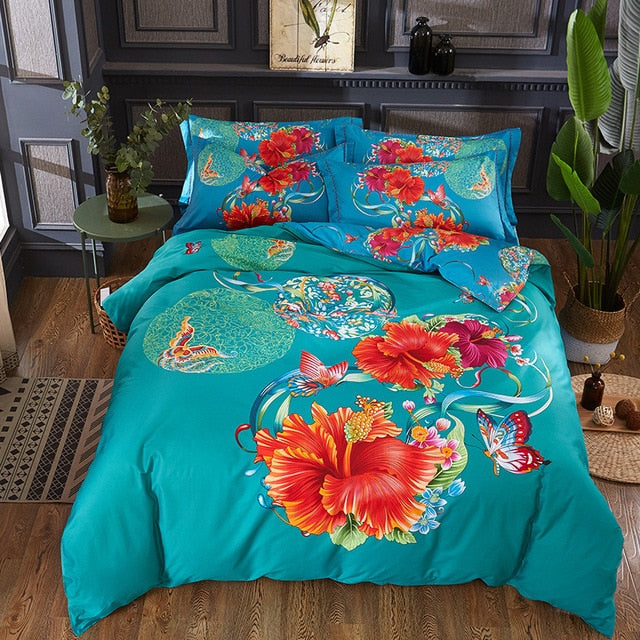 Luxury Classical Chinese Style Bedding Set 4pcs 100% Pima Cotton Blue and White Porcelain Duvet Cover Bed Sheet 2 Pillowcase