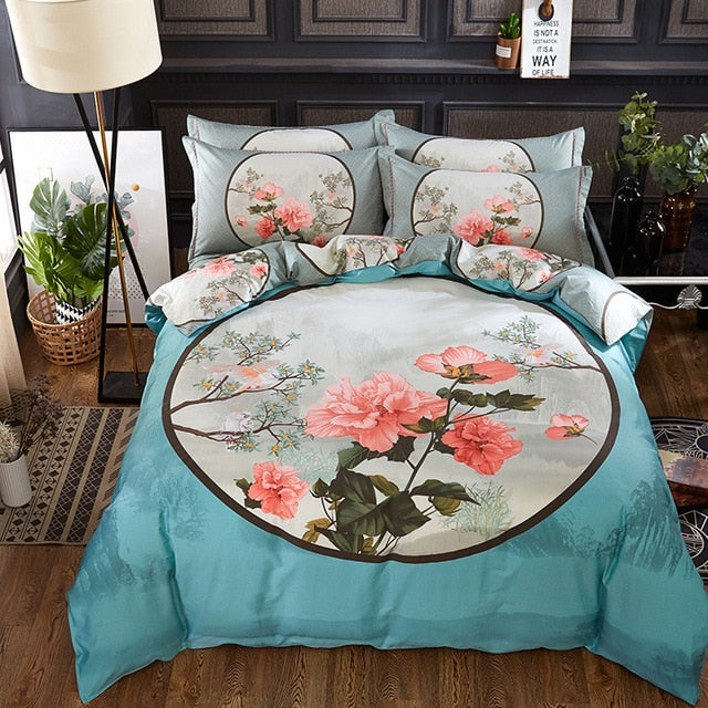 Luxury Classical Chinese Style Bedding Set 4pcs 100% Pima Cotton Blue and White Porcelain Duvet Cover Bed Sheet 2 Pillowcase