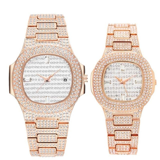 MISSFOX Top Luxury Brand Fashion 18K Gold Full Dimaond Decorated Women's Men's Steel Quartz Waterproof Iced Out Couple Watch Set
