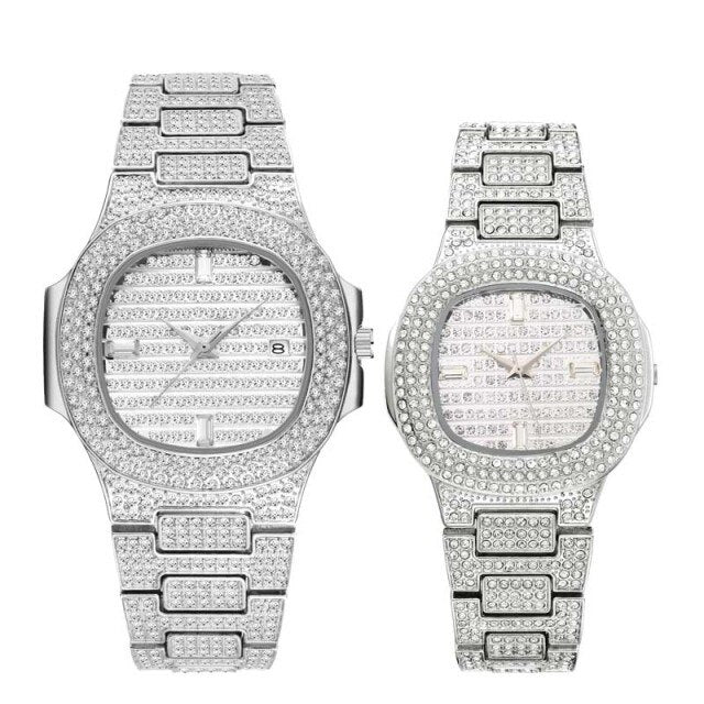 MISSFOX Top Luxury Brand Fashion 18K Gold Full Dimaond Decorated Women's Men's Steel Quartz Waterproof Iced Out Couple Watch Set