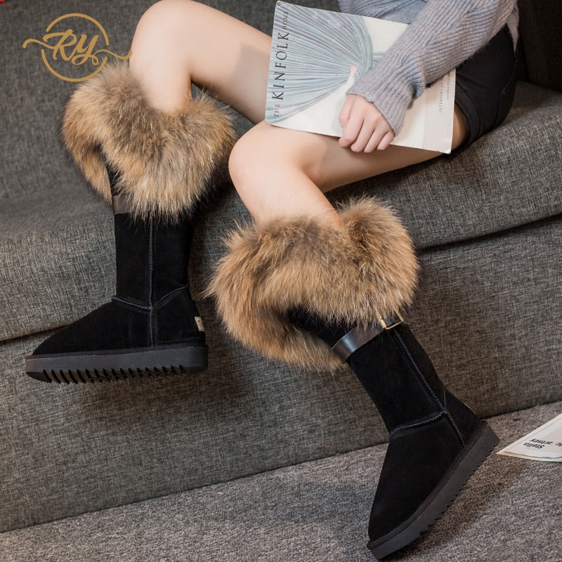 RY-RELAA Winter Women Genuine Leather Fashion Platform Boots Cowhide Fox Hair Knee High Boots