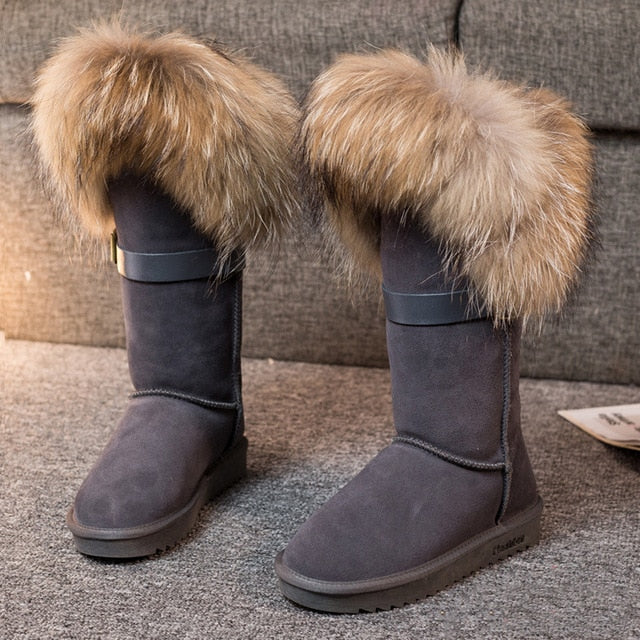 RY-RELAA Winter Women Genuine Leather Fashion Platform Boots Cowhide Fox Hair Knee High Boots