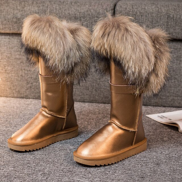 RY-RELAA Winter Women Genuine Leather Fashion Platform Boots Cowhide Fox Hair Knee High Boots