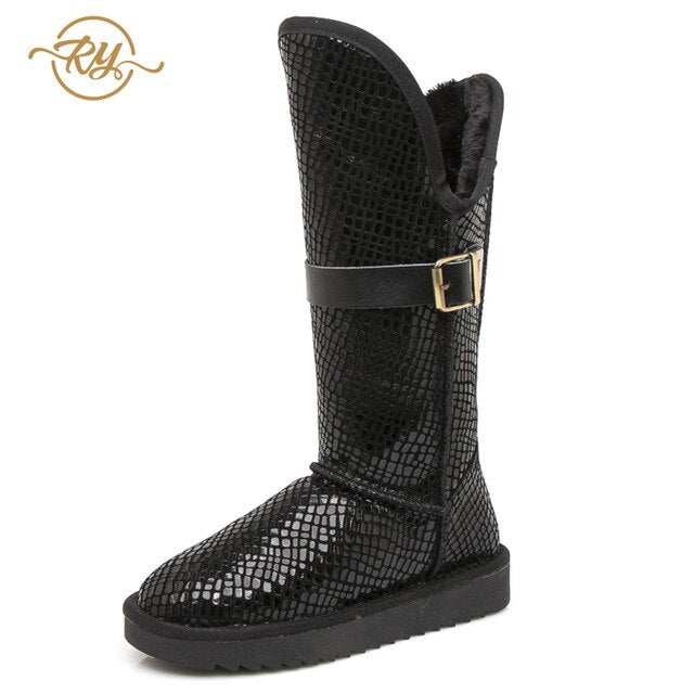 RY-RELAA Winter Women Genuine Leather Fashion Platform Boots Cowhide Fox Hair Knee High Boots