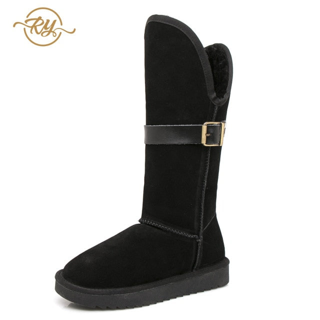 RY-RELAA Winter Women Genuine Leather Fashion Platform Boots Cowhide Fox Hair Knee High Boots