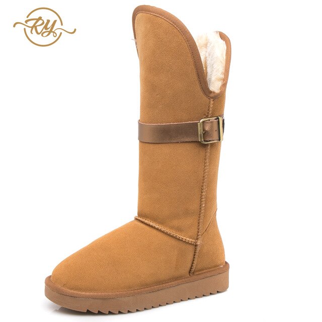 RY-RELAA Winter Women Genuine Leather Fashion Platform Boots Cowhide Fox Hair Knee High Boots