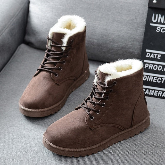 Solid Winter Women Faux Suede Ankle Warm Fur Booties Leather Shoe Boots