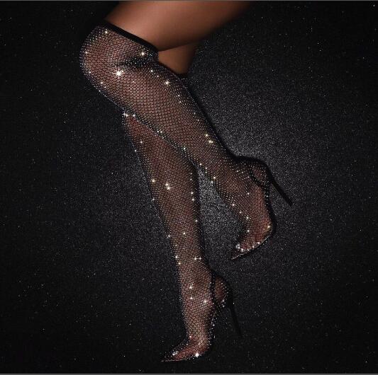 Women Black Bling Bling PVC Clear Sequins Diamond Fishnet Cut-Out Pointed Toe Heel-Strap Over The Knee Thigh Socks Boots