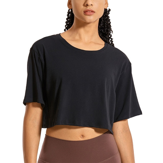 Women's Pima Cotton YOGA Crop Tops Short Sleeve Running T-Shirts Casual Athletic Tees